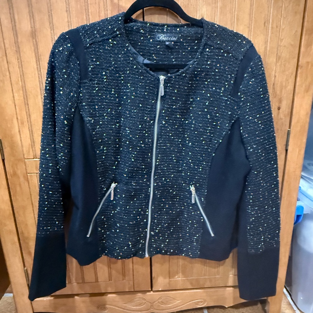 Baccini Black Tweed-Accent Zip Jacket with Subtle Metallic Speckle